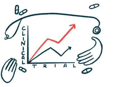 Hands, pills, and a stethoscope frame a graph showing positive clinical trial results.