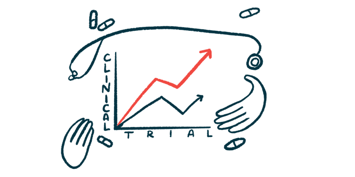 Hands, pills, and a stethoscope frame a graph showing positive clinical trial results.