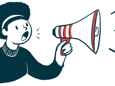 A woman speaks into a megaphone in this announcement illustration.