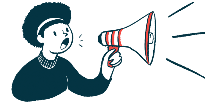 A woman speaks into a megaphone in this announcement illustration.