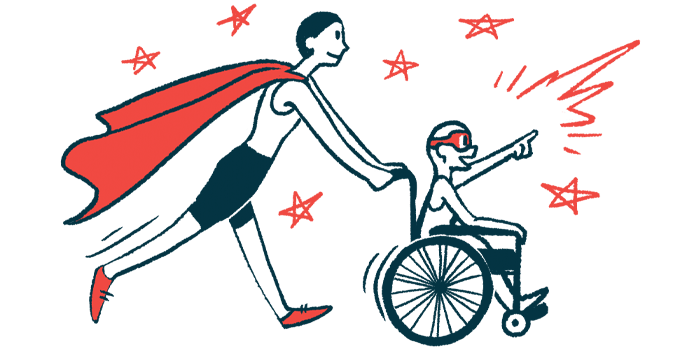 rare disease clinical trial participants | Amyloidosis News Today | Illustration of woman in cape pushing child in wheelchair
