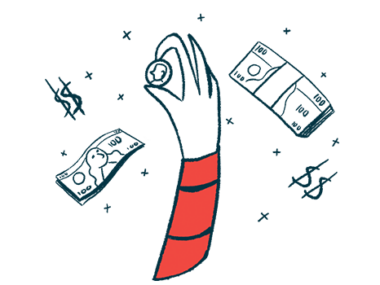 In this illustration of fundraising, a hand raises up a coin and is surrounded by bills and dollar signs.