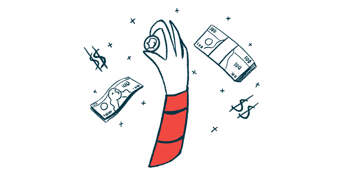 In this illustration of fundraising, a hand raises up a coin and is surrounded by bills and dollar signs.