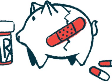 In this illustration representing healthcare costs, a crack in a piggy bank is covered by an adhesive bandage. The bank is flanked by a prescription bottle and a couple of pills.