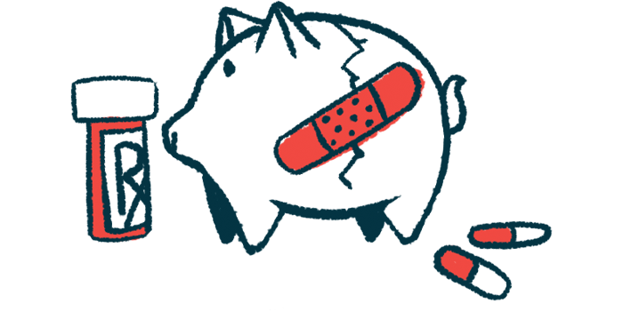 In this illustration representing healthcare costs, a crack in a piggy bank is covered by an adhesive bandage. The bank is flanked by a prescription bottle and a couple of pills.