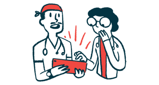 Two doctors appear surprised as they look at information on a tablet.