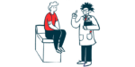 A doctor holds a clipboard and gestures while talking to a patient seated on an examining table.