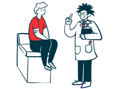 A doctor holds a clipboard and gestures while talking to a patient seated on an examining table.