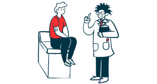 A doctor holds a clipboard and gestures while talking to a patient seated on an examining table.