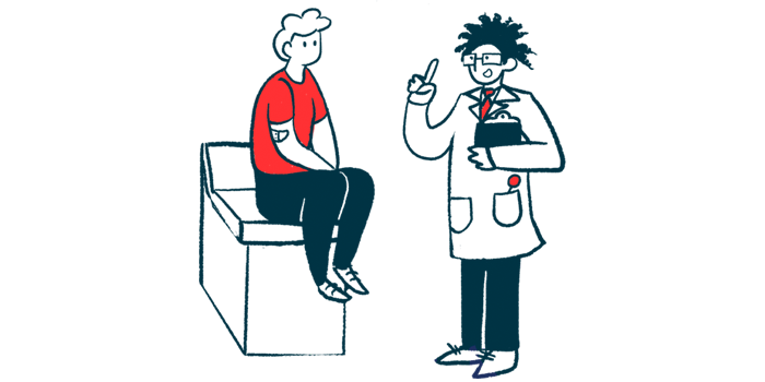 A doctor holds a clipboard and gestures while talking to a patient seated on an examining table.