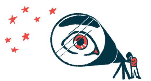 The image of a human eye is captured in the lens of a giant telescope as a person looks at the stars.