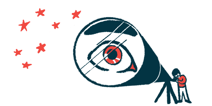 An illustration of a person's eye seen through a telescope.