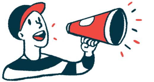 A person wearing a striped shirt and baseball cap is shown speaking with a megaphone.