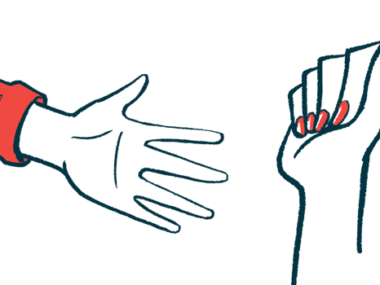 An illustration showing the lower arms — hands and wrists — of two people.