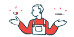 A person weighs the benefits of two different types of medications, with a capsule seen above one outstretched hand and a syringe seen above the other.