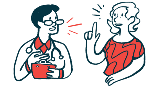 A woman gestures with one hand while talking with a doctor, who holds a clipboard.