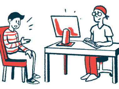 An illustration of a health professional working at a computer while a person seated alongside the desk speaks.
