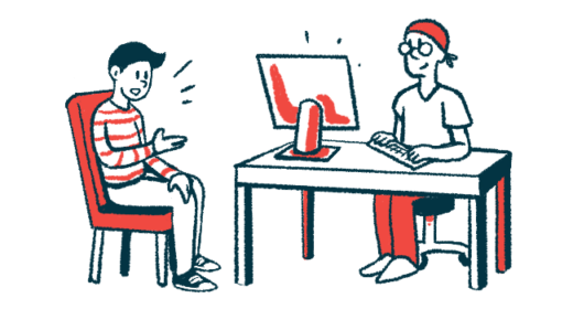 A patient seated in a chair gestures with one hand with speaking to a doctor seated at a table and typing data into a computer.