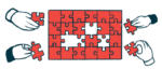 A board puzzle, with four pieces missing and four hands moving to place those pieces correctly, is shown.