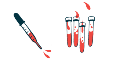 A dropper squirting blood is seen alongside four half-filled vials.