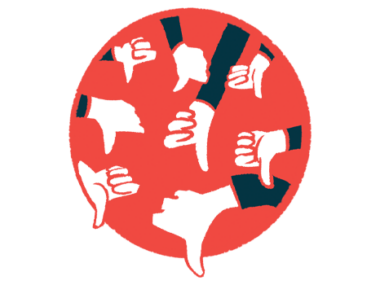 Many hands are seen giving the thumbs down sign against the backdrop of a red circle.