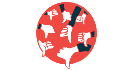 Many hands are seen giving the thumbs down sign against the backdrop of a red circle.