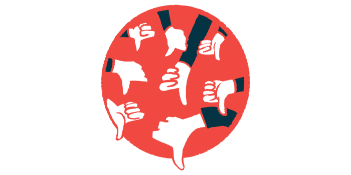 Many hands are seen giving the thumbs down sign against the backdrop of a red circle.