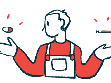 A person wearing overalls weighs two medicine choices, with an oral medication seen above one hand and a syringe above the other.