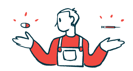 A person wearing overalls weighs two medicine choices, with an oral medication seen above one hand and a syringe above the other.