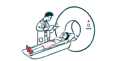 A patients lies on an MRI machine as a technician begins the scan.