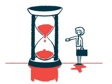 A person holding a briefcase points to a massive hourglass with sand running down through it.