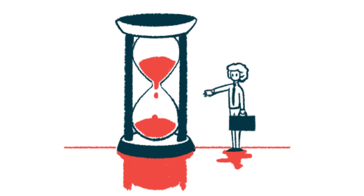 A person holding a briefcase points to a massive hourglass with sand running down through it.