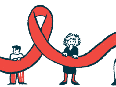 Four people are seen each holding up a section of a large red awareness ribbon.