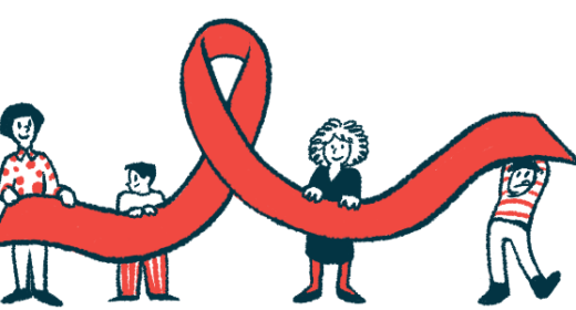 Four people are seen each holding up a section of a large red awareness ribbon.