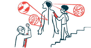Illustration of a clinician using imaging scans to examine amyloid fibril structures in the body.