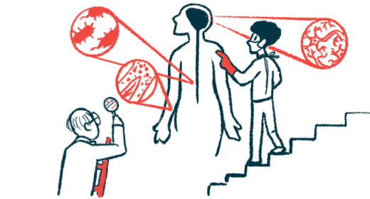 Illustration of a clinician using imaging scans to examine amyloid fibril structures in the body.