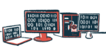 An illustration shows a group of computers displaying binary code.