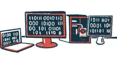 A group of computers display binary code.