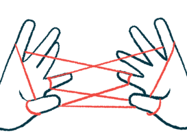 A person's hands are seen playing the cat's cradle string game in a sign of finger dexterity.