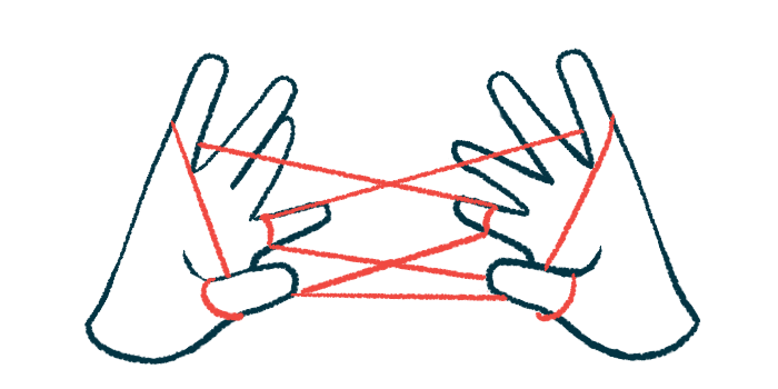A person's hands are seen playing the cat's cradle string game in a sign of finger dexterity.
