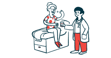 Illustration of a healthcare professional giving medication to a seated patient.