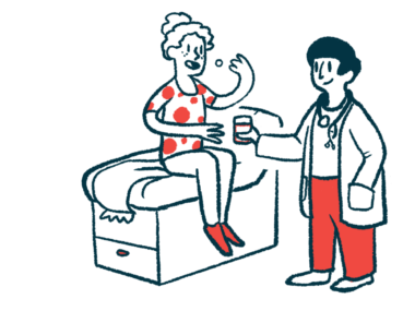 Illustration of a healthcare professional giving medication to a seated patient.