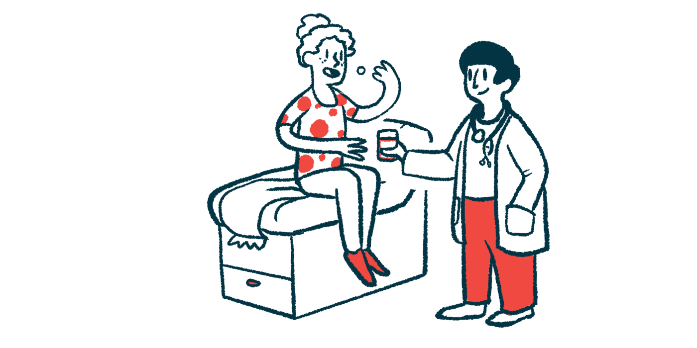 Illustration of a healthcare professional giving medication to a seated patient.